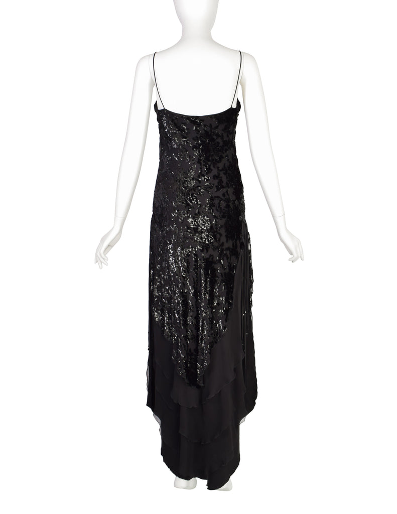 Mira Vintage Black Silk Chiffon Devore Velvet Bias Layered Beaded Dress