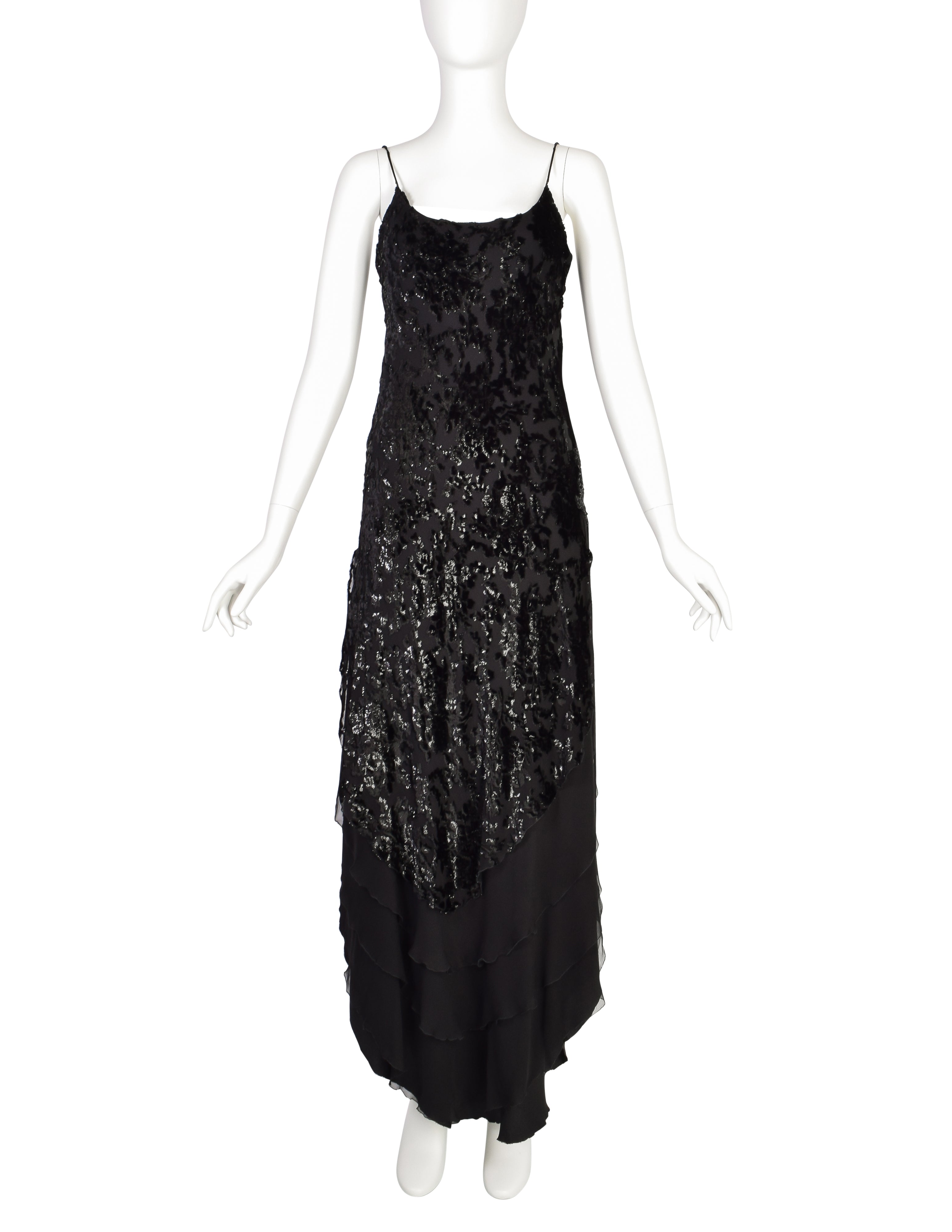 Mira Vintage Black Silk Chiffon Devore Velvet Bias Layered Beaded Dress