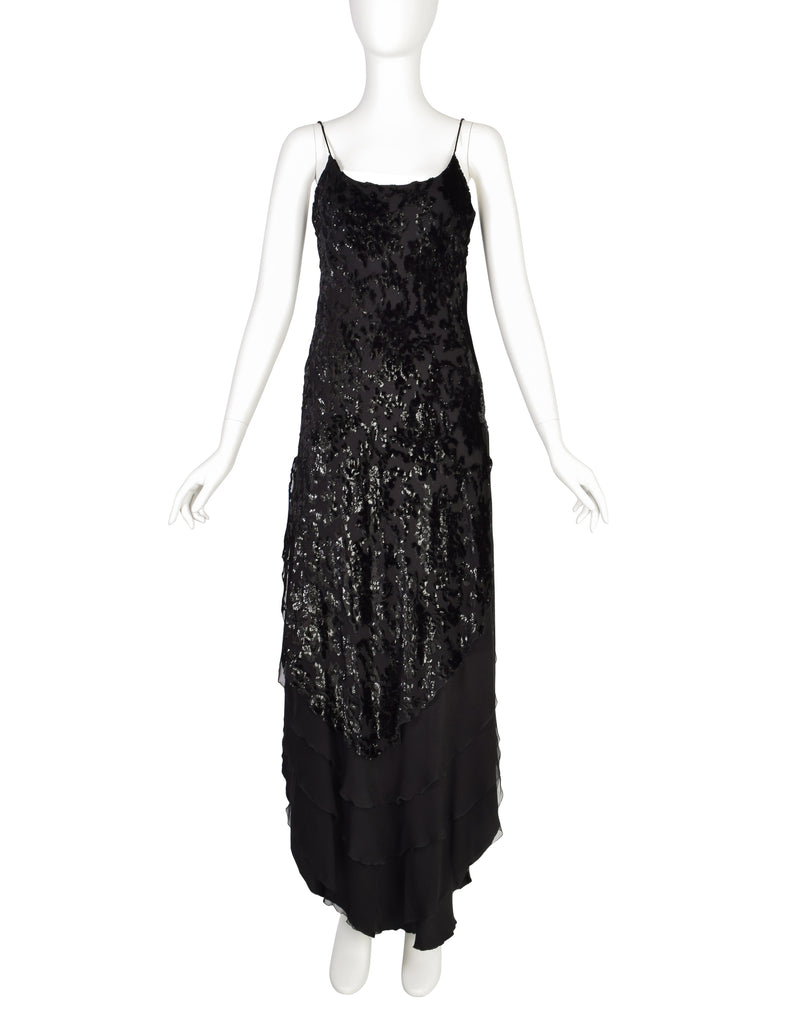 Mira Vintage Black Silk Chiffon Devore Velvet Bias Layered Beaded Dress