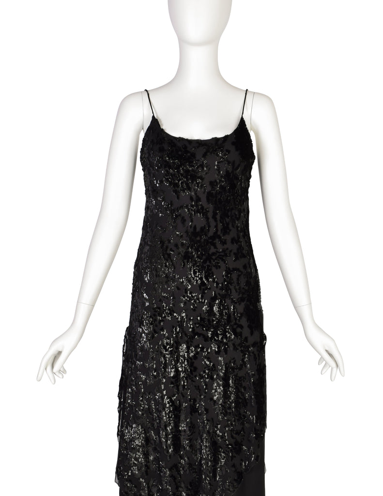 Mira Vintage Black Silk Chiffon Devore Velvet Bias Layered Beaded Dress