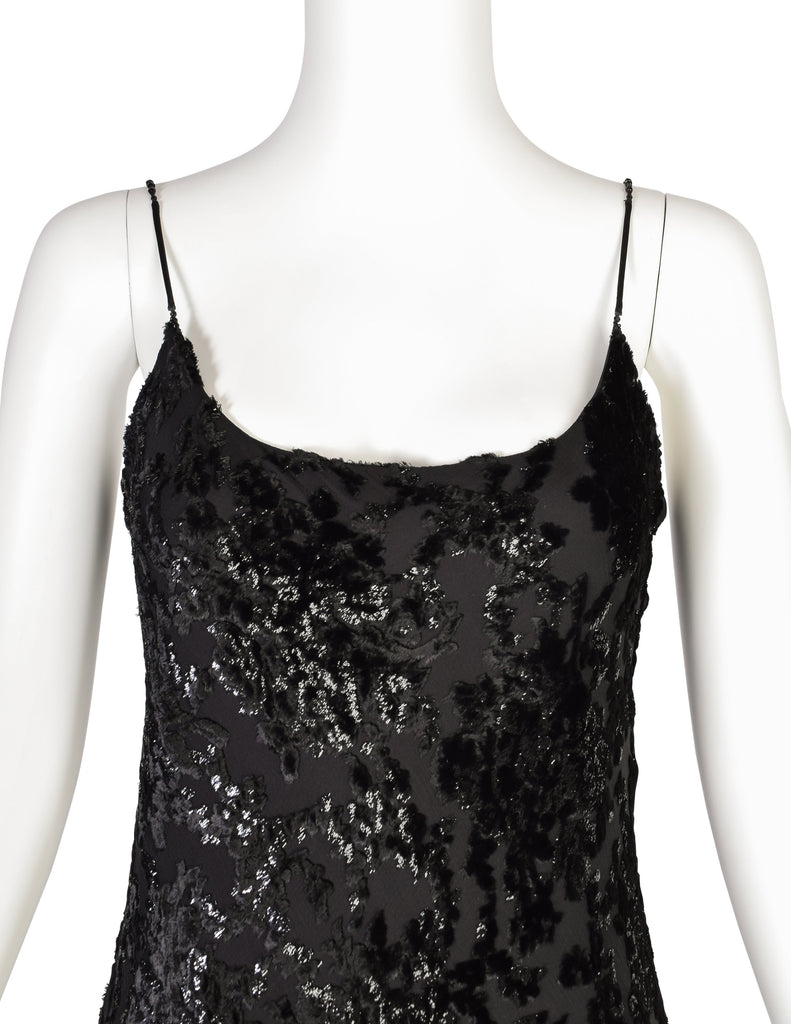 Mira Vintage Black Silk Chiffon Devore Velvet Bias Layered Beaded Dress
