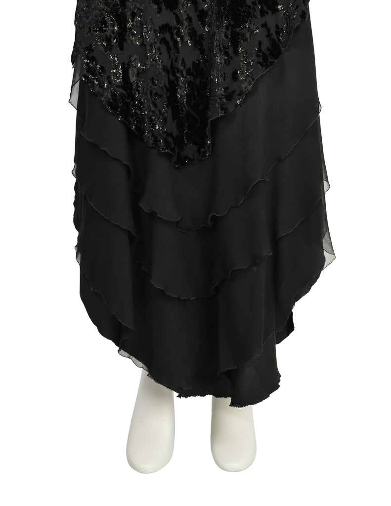 Mira Vintage Black Silk Chiffon Devore Velvet Bias Layered Beaded Dress