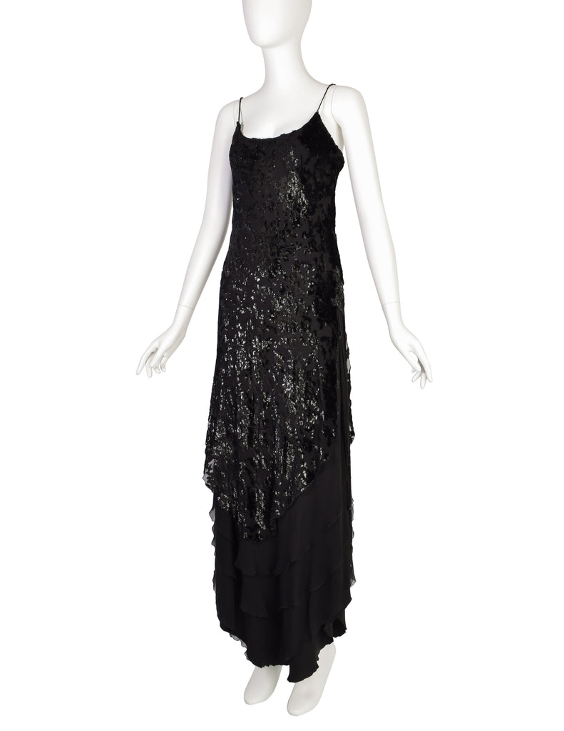 Mira Vintage Black Silk Chiffon Devore Velvet Bias Layered Beaded Dress