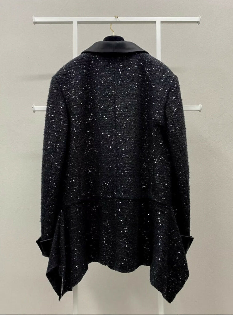 Chanel 18K Black Sequined Satin Lapel Jacket