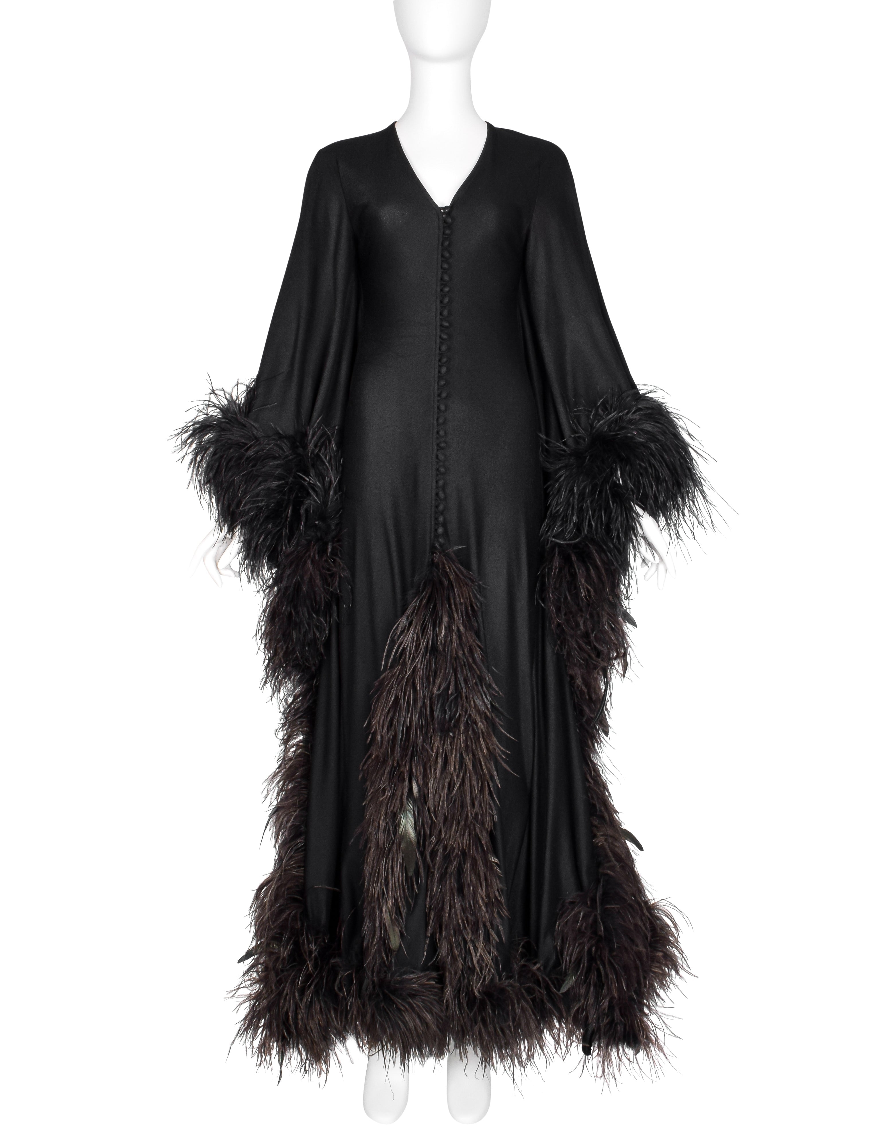 New Dimensions Vintage 1970s Dramatic Ostrich Feather Trimmed Black Gown