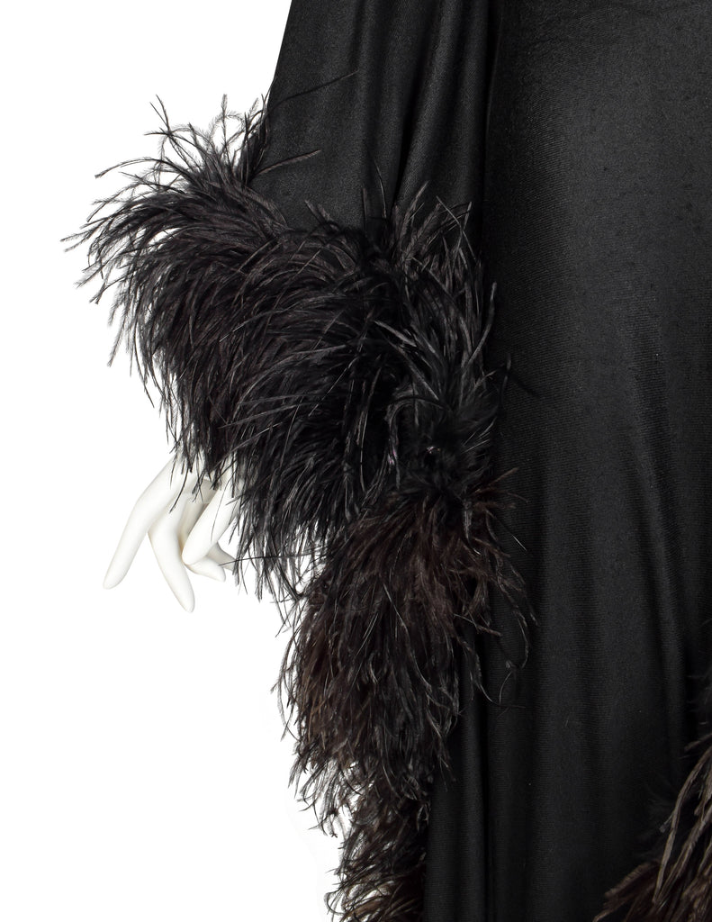 New Dimensions Vintage 1970s Dramatic Ostrich Feather Trimmed Black Gown