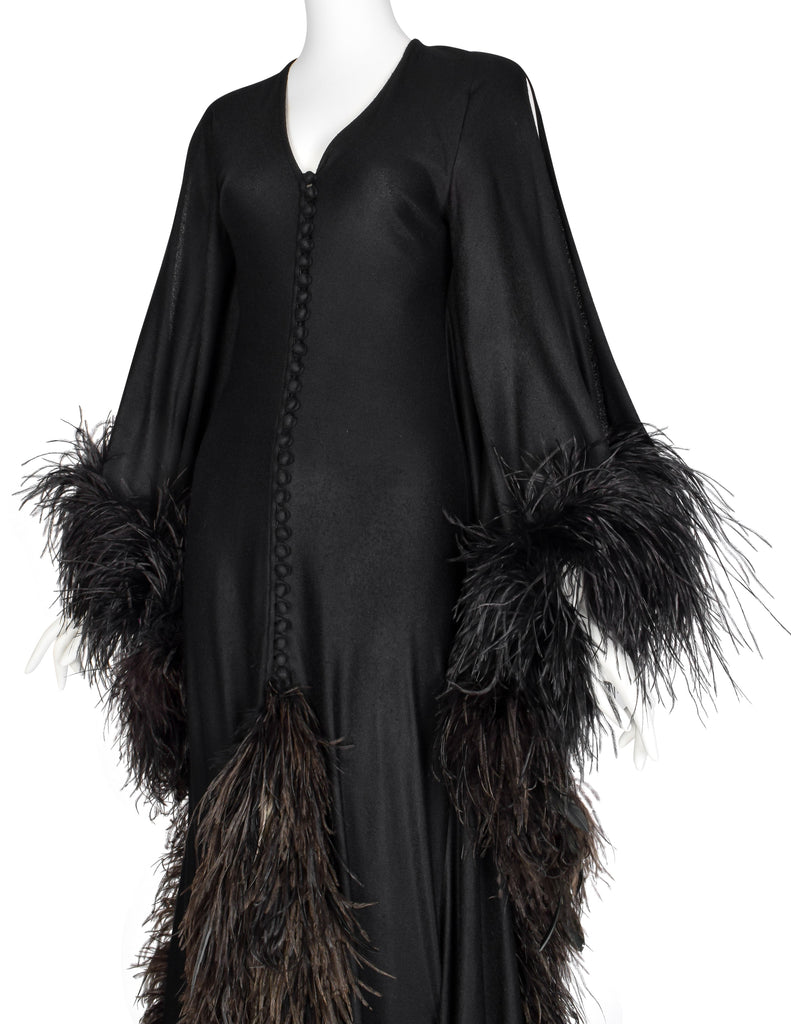 New Dimensions Vintage 1970s Dramatic Ostrich Feather Trimmed Black Gown