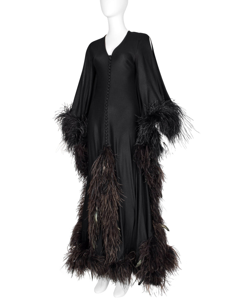 New Dimensions Vintage 1970s Dramatic Ostrich Feather Trimmed Black Gown