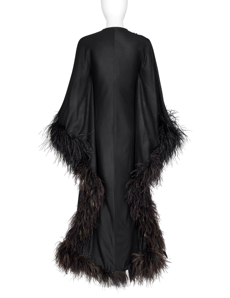 New Dimensions Vintage 1970s Dramatic Ostrich Feather Trimmed Black Gown