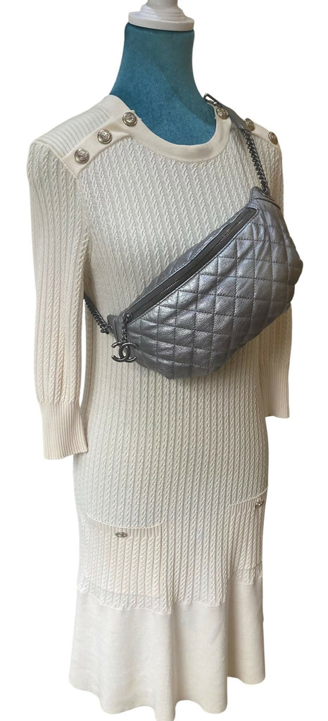Chanel Classic Quilted Metallic Silver Goatskin Banana Waist Bag Fanny Pack