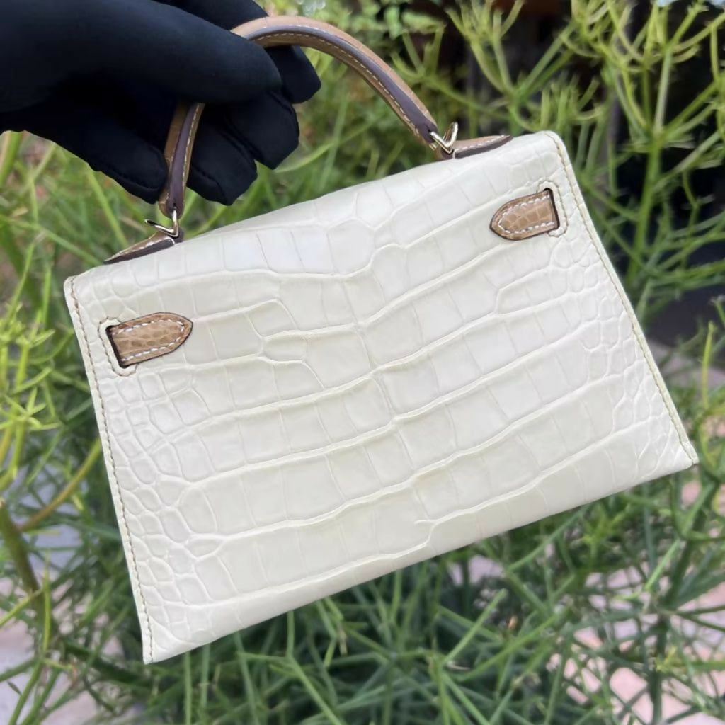 Hermès Mini Kelly Vanille and Chai Matte Crocodile with palladium Hardware