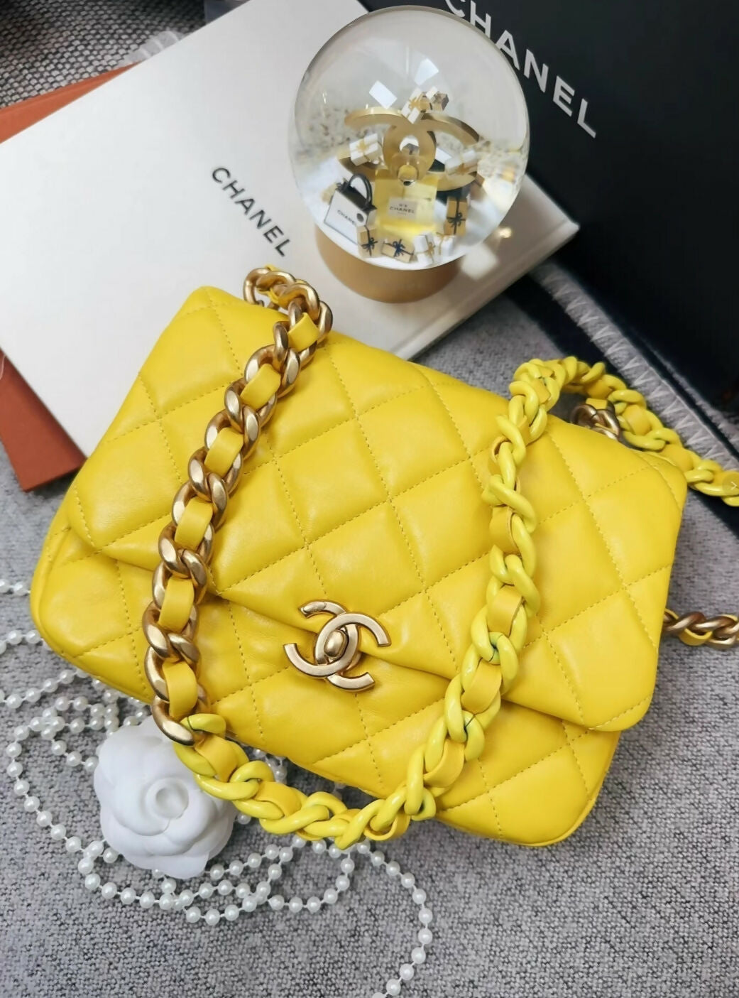 Chanel 22s yellow leather gold hardware mini flap crossbody bag