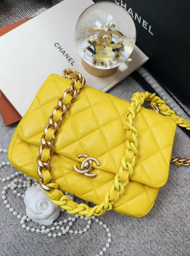 Chanel 22s yellow leather gold hardware mini flap crossbody bag