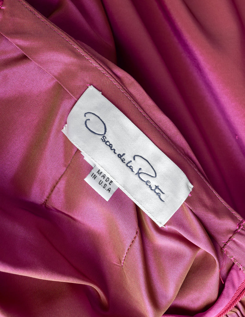 Oscar de la Renta 2001 Metallic Gold Lace Puff Sleeve Top and Pink Silk Taffeta Skirt Ensemble Set