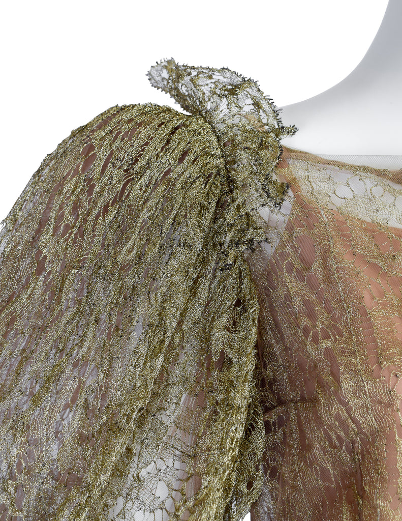 Oscar de la Renta 2001 Metallic Gold Lace Puff Sleeve Top and Pink Silk Taffeta Skirt Ensemble Set