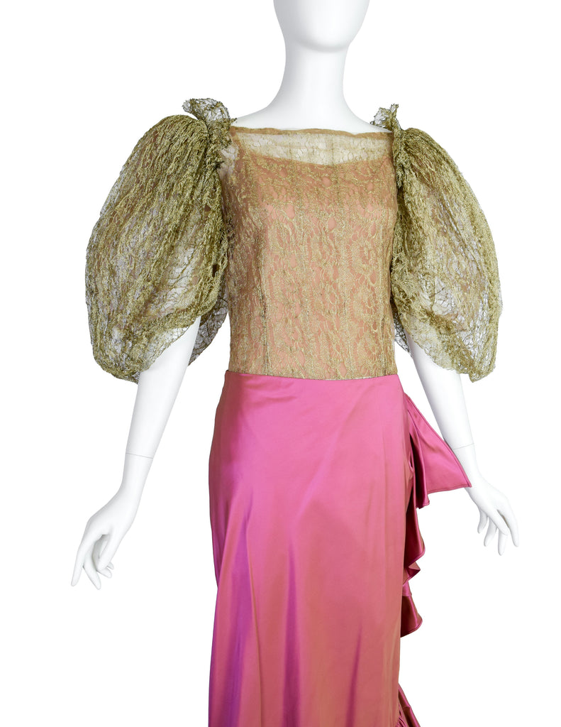 Oscar de la Renta 2001 Metallic Gold Lace Puff Sleeve Top and Pink Silk Taffeta Skirt Ensemble Set