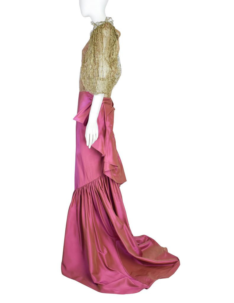Oscar de la Renta 2001 Metallic Gold Lace Puff Sleeve Top and Pink Silk Taffeta Skirt Ensemble Set