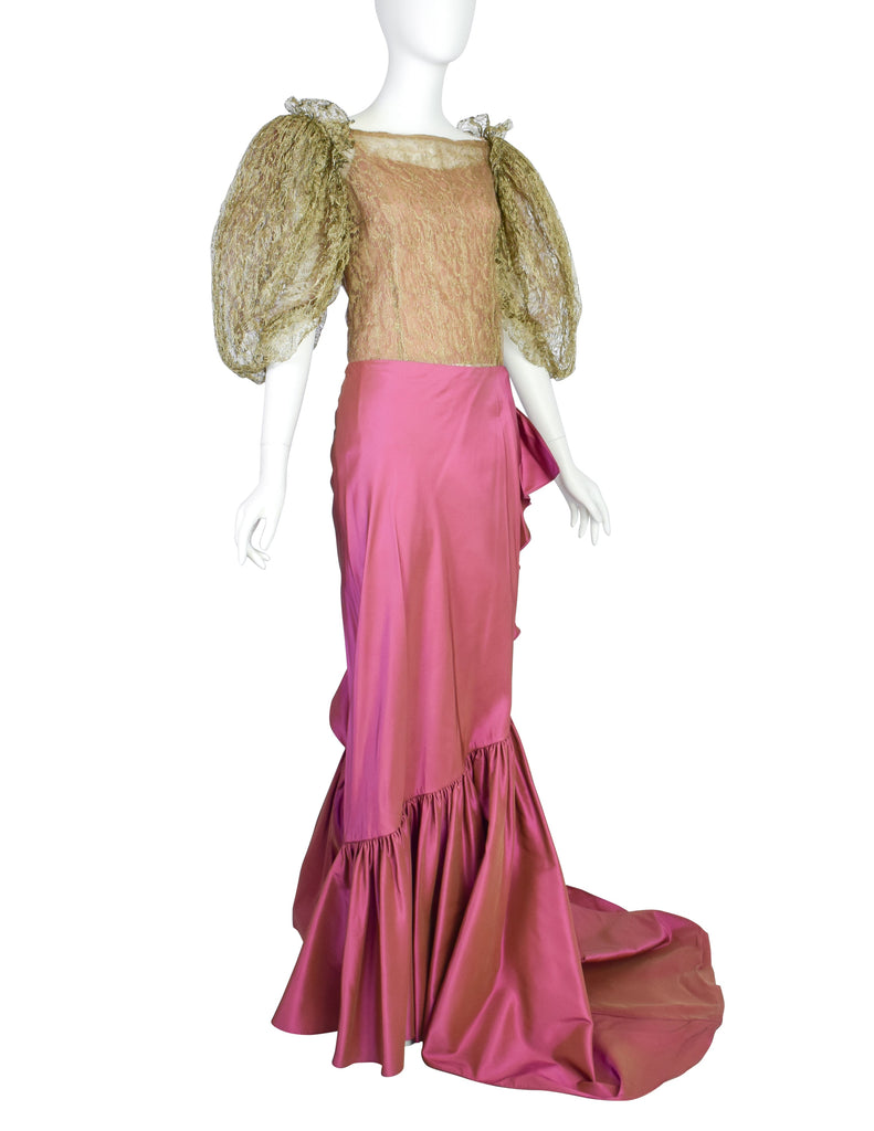 Oscar de la Renta 2001 Metallic Gold Lace Puff Sleeve Top and Pink Silk Taffeta Skirt Ensemble Set