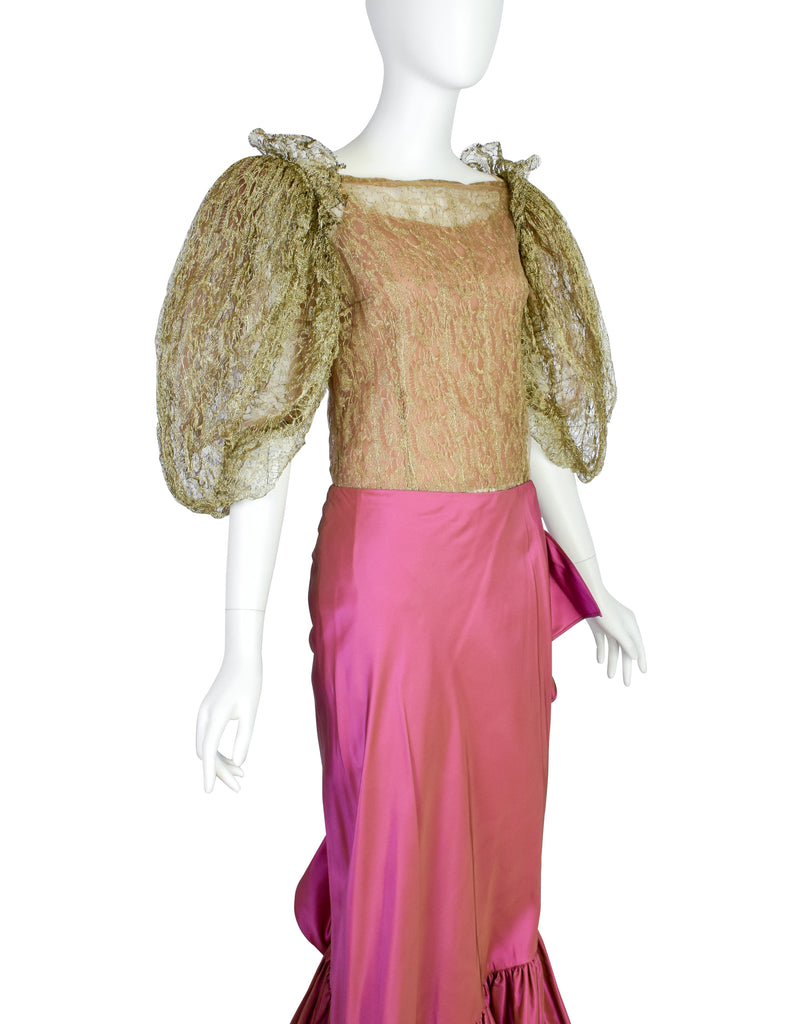Oscar de la Renta 2001 Metallic Gold Lace Puff Sleeve Top and Pink Silk Taffeta Skirt Ensemble Set