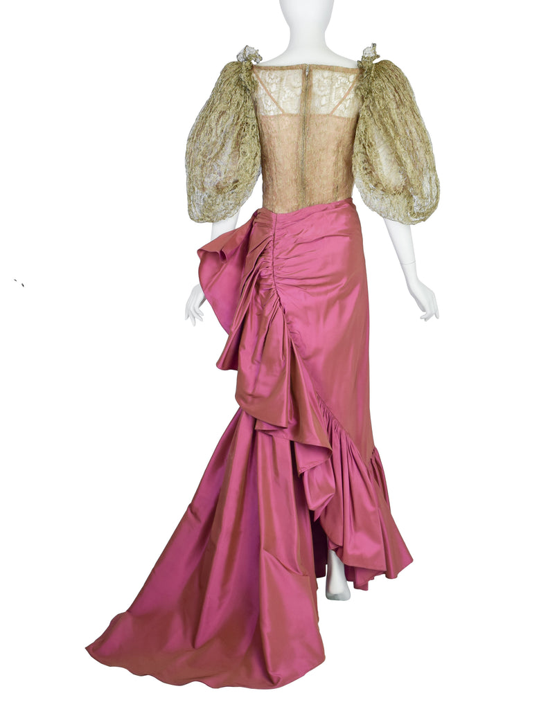 Oscar de la Renta 2001 Metallic Gold Lace Puff Sleeve Top and Pink Silk Taffeta Skirt Ensemble Set