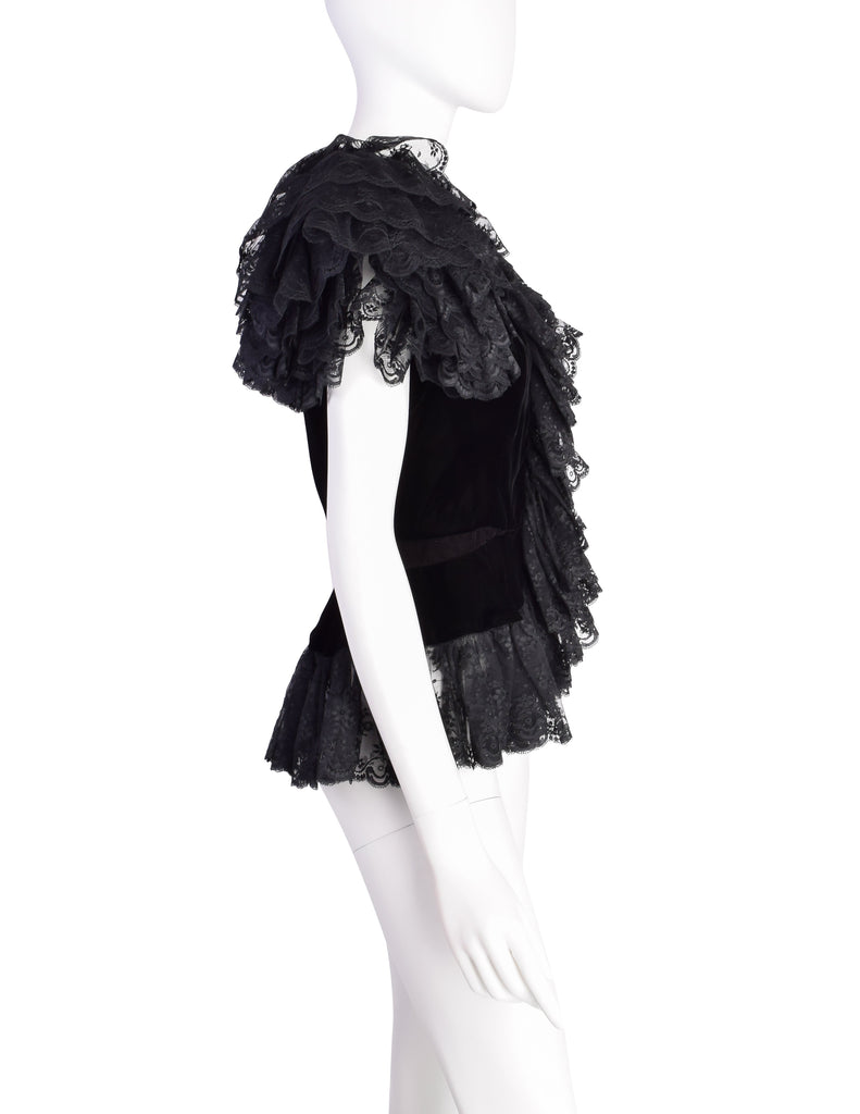 Oscar de la Renta Vintage Incredible Black Velvet Layered Lace Statement Sleeve Top