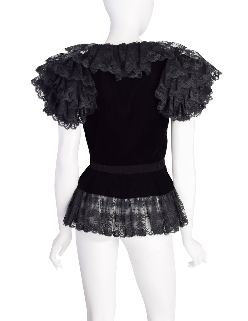 Oscar de la Renta Vintage Incredible Black Velvet Layered Lace Statement Sleeve Top