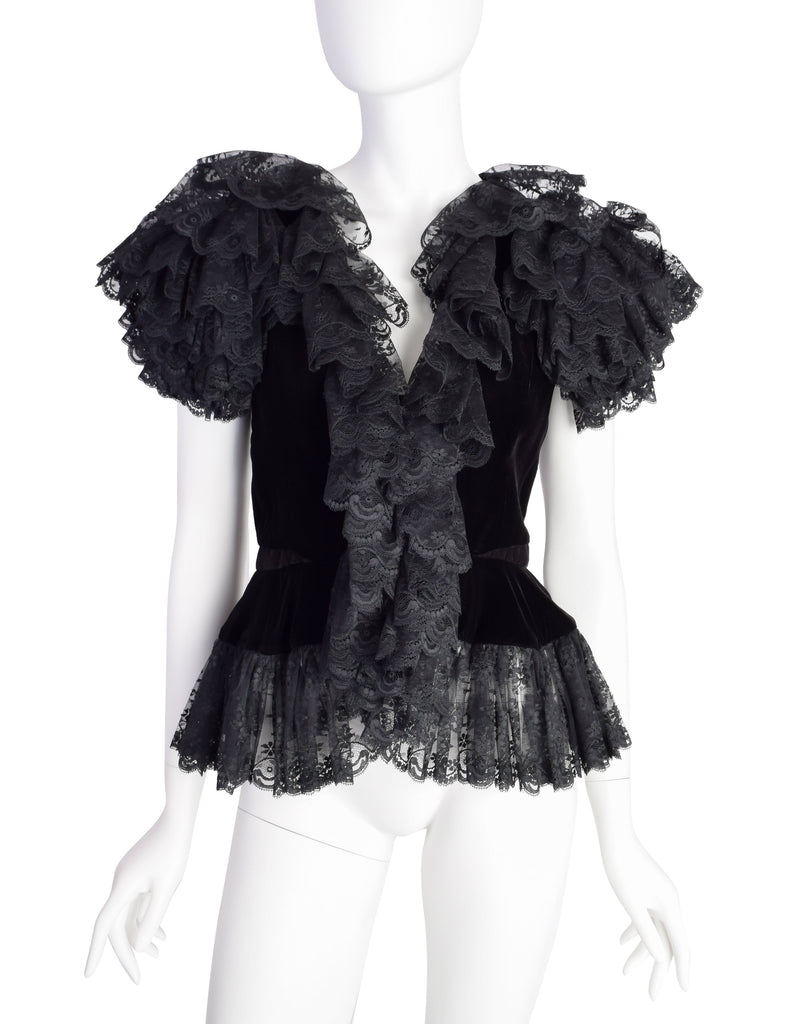 Oscar de la Renta Vintage Incredible Black Velvet Layered Lace Statement Sleeve Top
