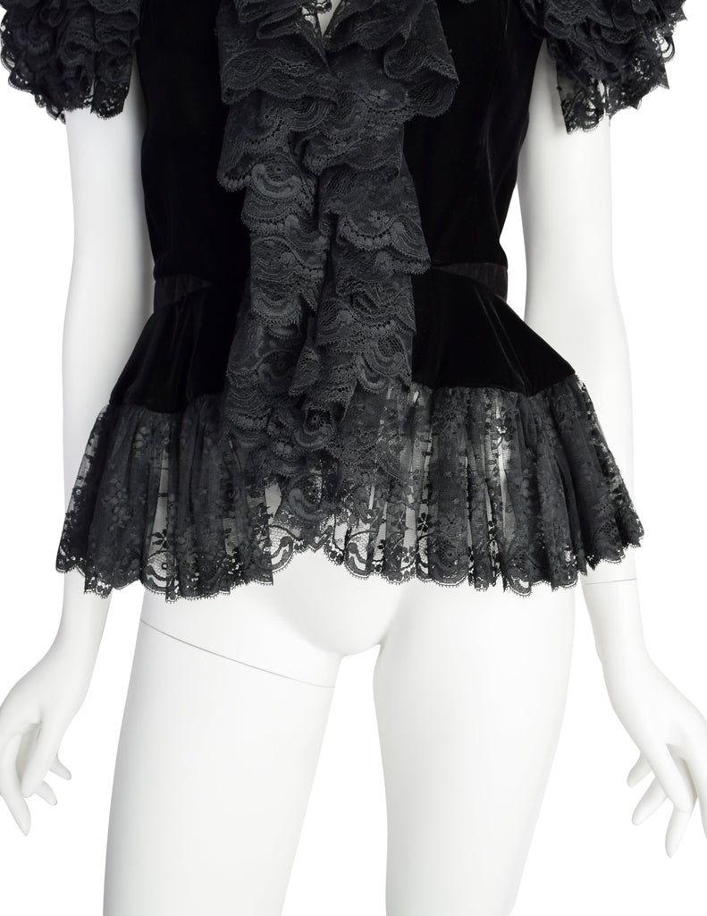 Oscar de la Renta Vintage Incredible Black Velvet Layered Lace Statement Sleeve Top