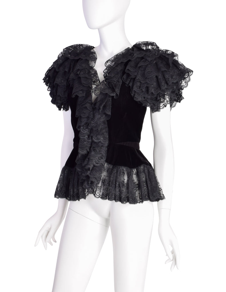 Oscar de la Renta Vintage Incredible Black Velvet Layered Lace Statement Sleeve Top