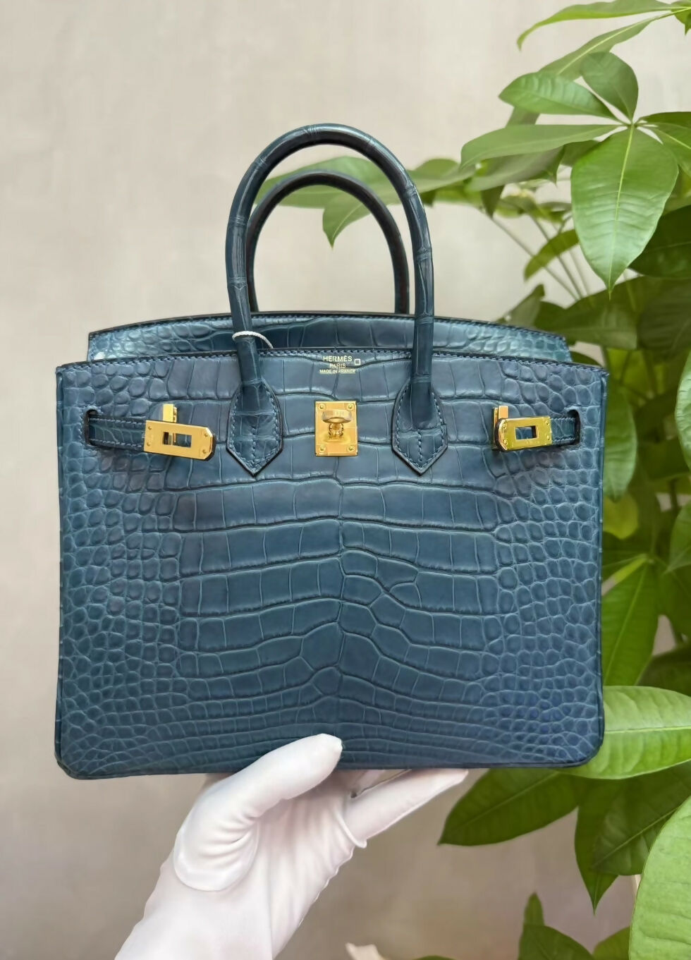 Hermes Birkin 25 bleu agate matte alligator gold hardware