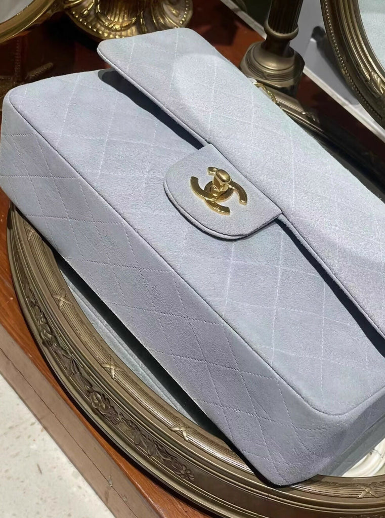 Chanel suede gray-blue medium flap gold hardware