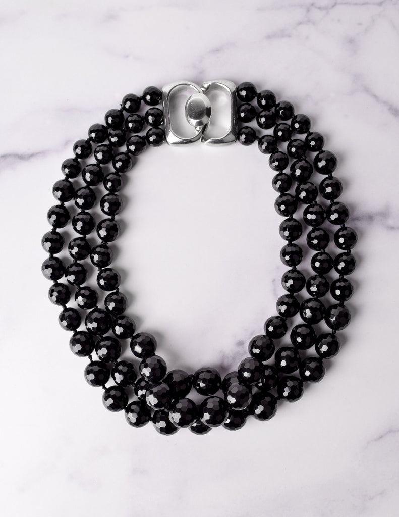 Patricia von Musulin Vintage Graduated Faceted Black Onyx and Sterling Silver Multistrand Necklace