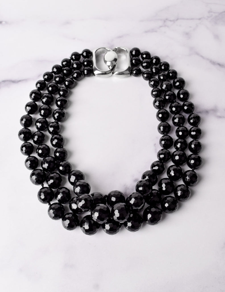 Patricia von Musulin Vintage Graduated Faceted Black Onyx and Sterling Silver Multistrand Necklace