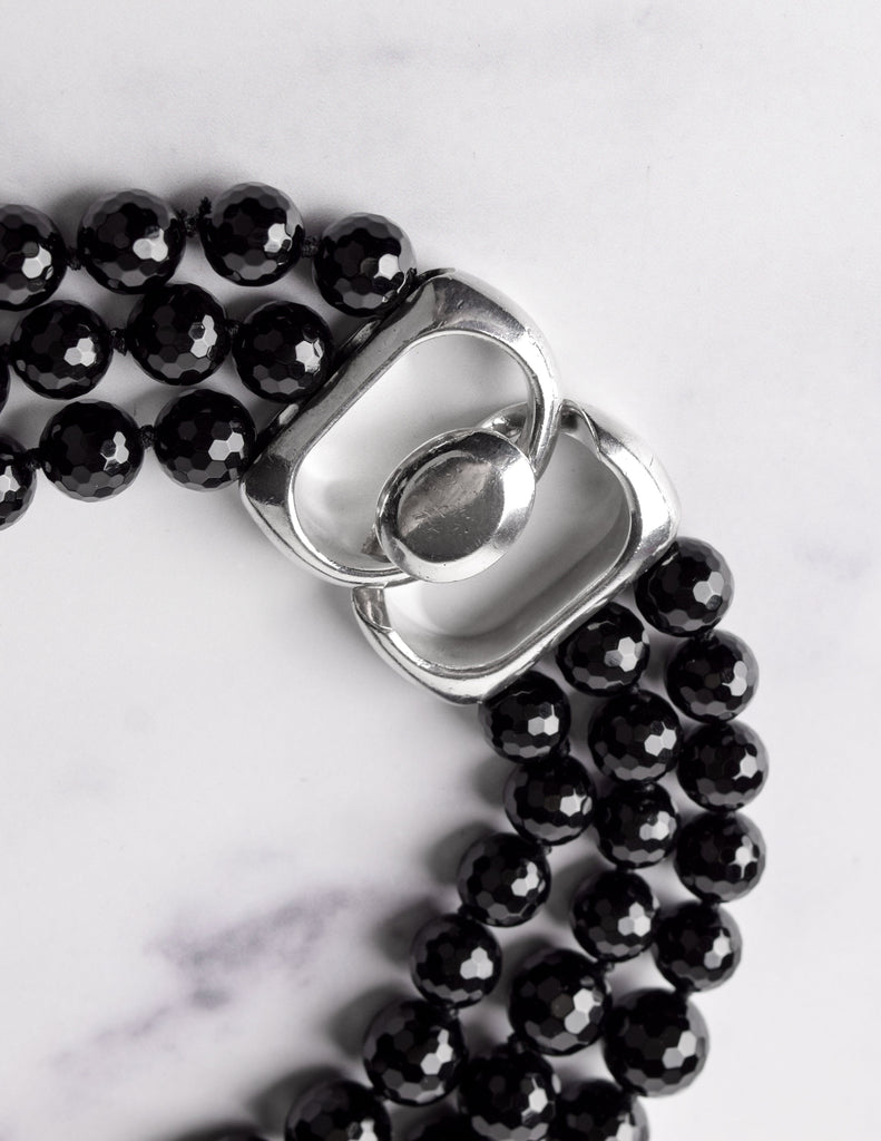 Patricia von Musulin Vintage Graduated Faceted Black Onyx and Sterling Silver Multistrand Necklace