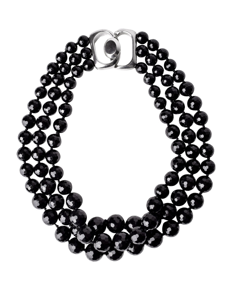 Patricia von Musulin Vintage Graduated Faceted Black Onyx and Sterling Silver Multistrand Necklace