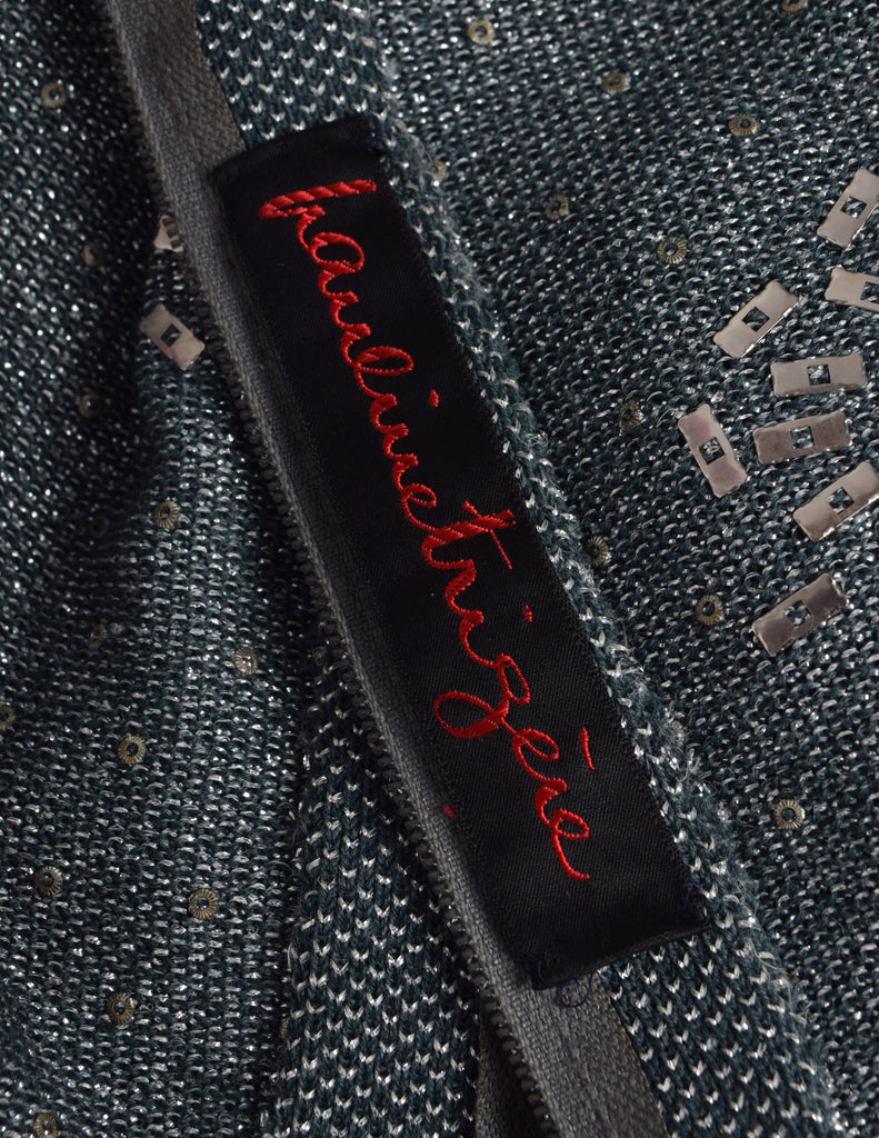 Pauline Trigere Vintage 1970s Deep Teal Green and Silver Knit Rhinestone Embellished Gown with Shawl