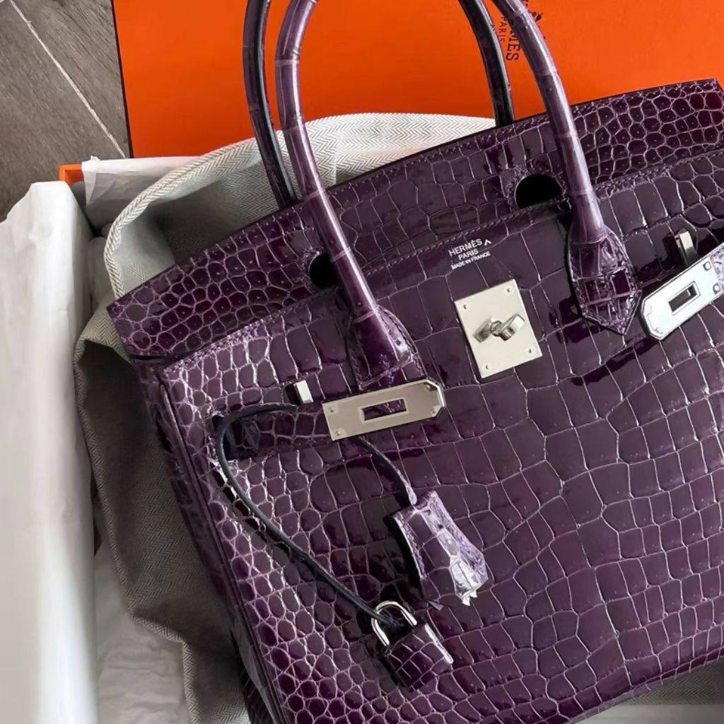 Hermes Birkin 30 Cassis Shiny Crocodile Alligator Palladium Hardware Handbag