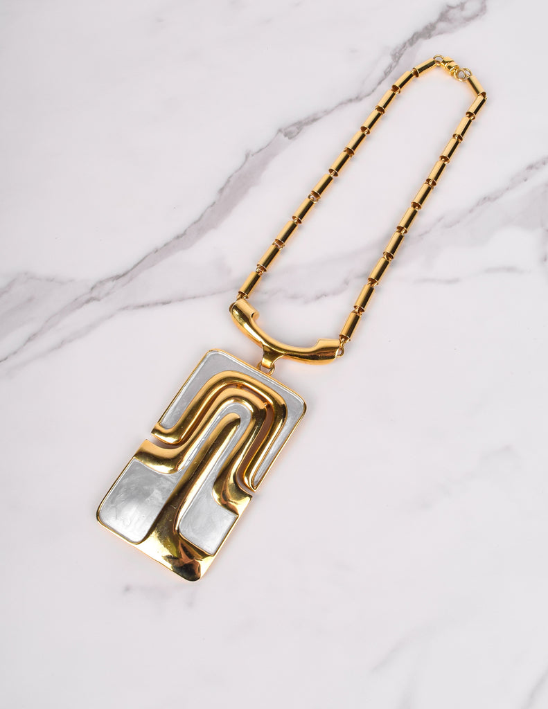 Pierre Cardin Vintage 1970s Golden and Silver Enamel Large Modernist Pendant Necklace