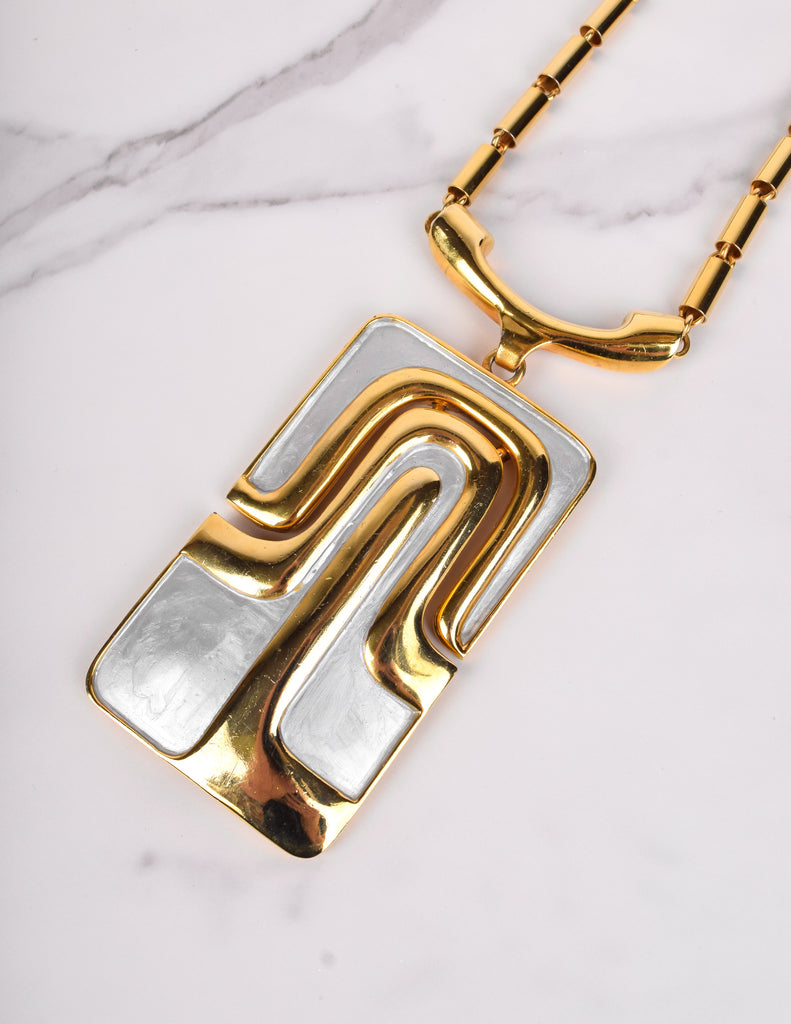 Pierre Cardin Vintage 1970s Golden and Silver Enamel Large Modernist Pendant Necklace