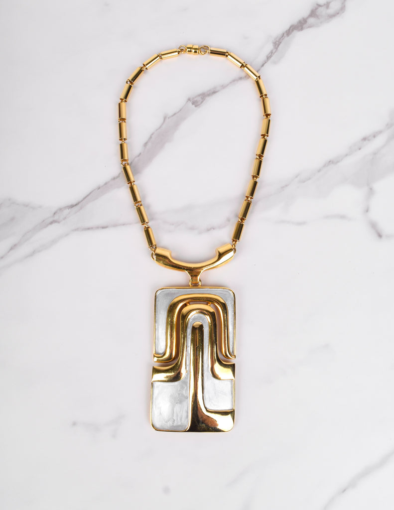 Pierre Cardin Vintage 1970s Golden and Silver Enamel Large Modernist Pendant Necklace