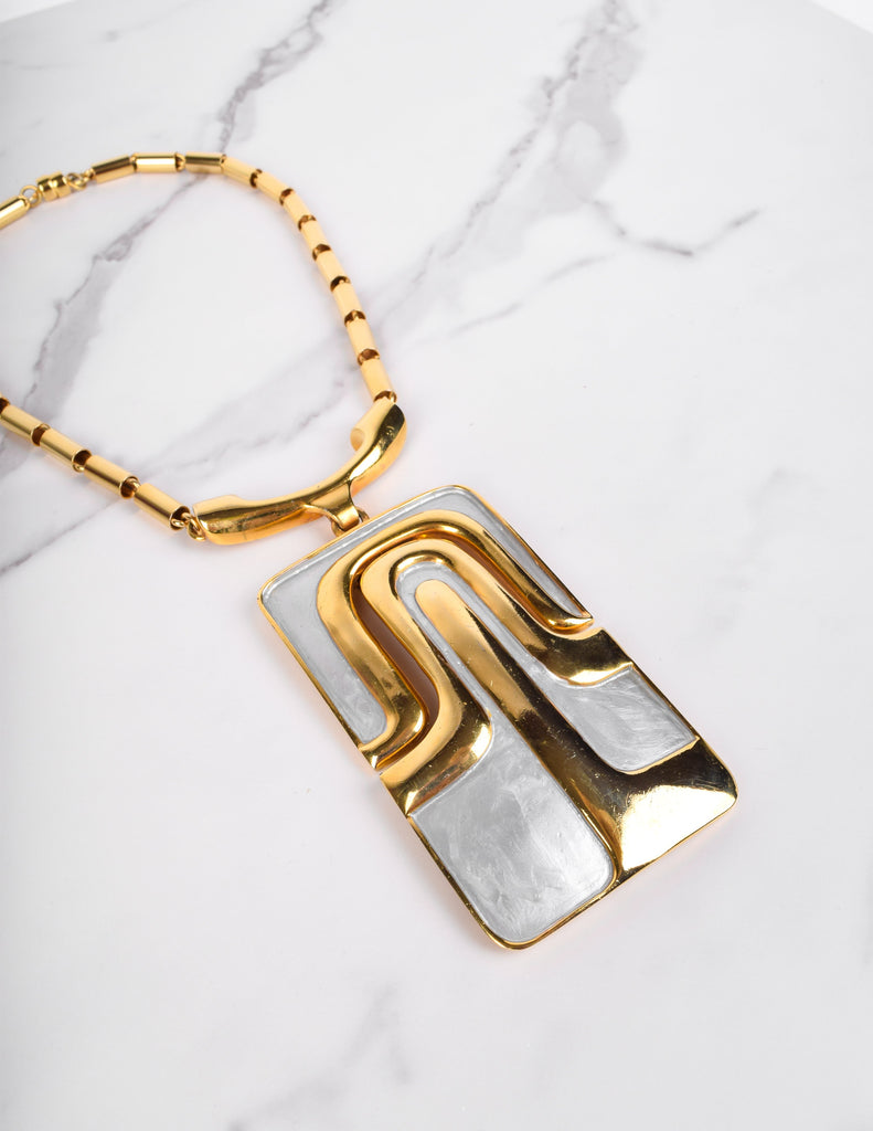 Pierre Cardin Vintage 1970s Golden and Silver Enamel Large Modernist Pendant Necklace