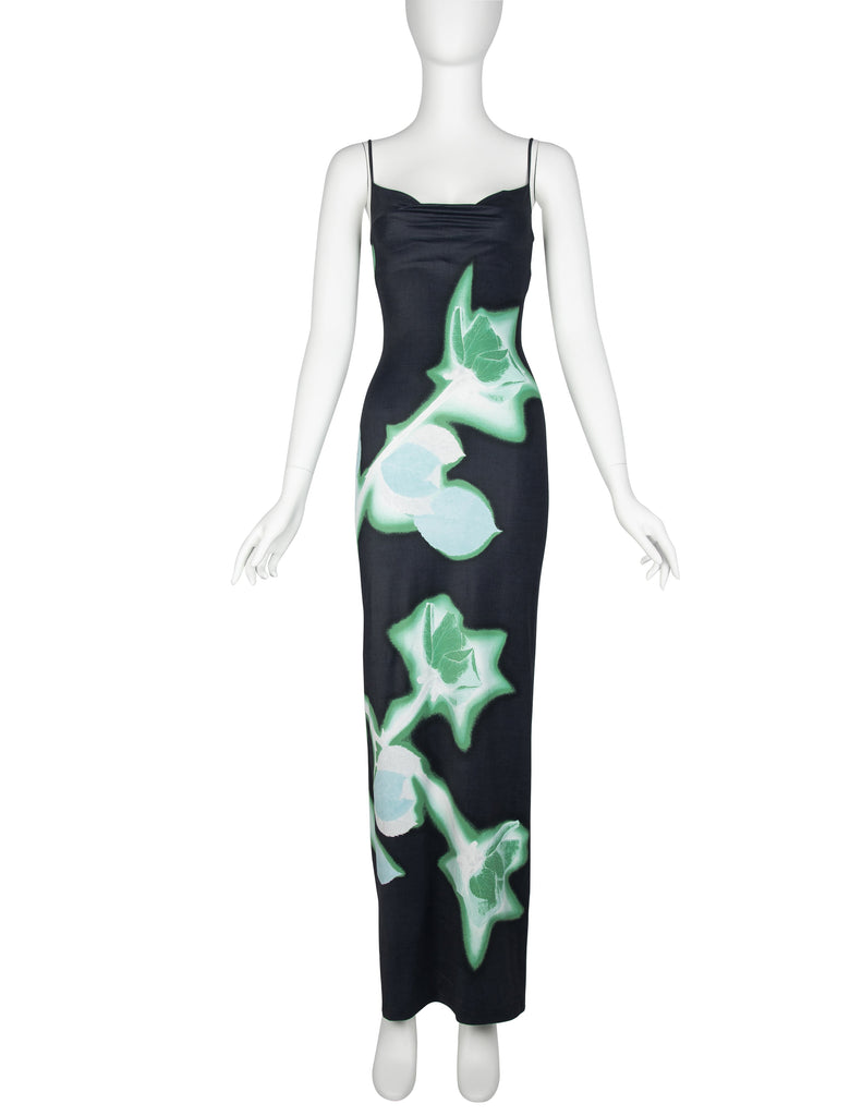 Plein Sud Vintage 1990s Black Green Abstract Rose Print Dress