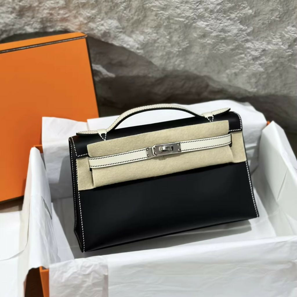 Hermes Mini Kelly Pochette Black & White Swift Leather Palladium Hardware