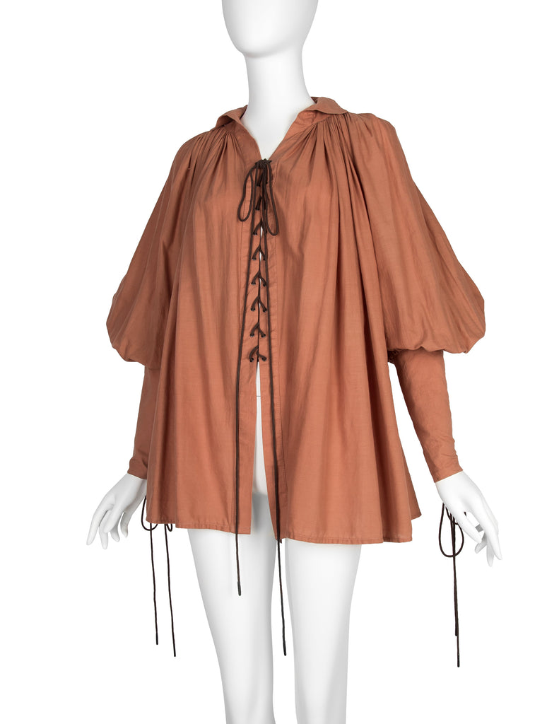 PX Helen Robinson Vintage Terracotta Cotton Lace Up Blouson Sleeve Poet Top