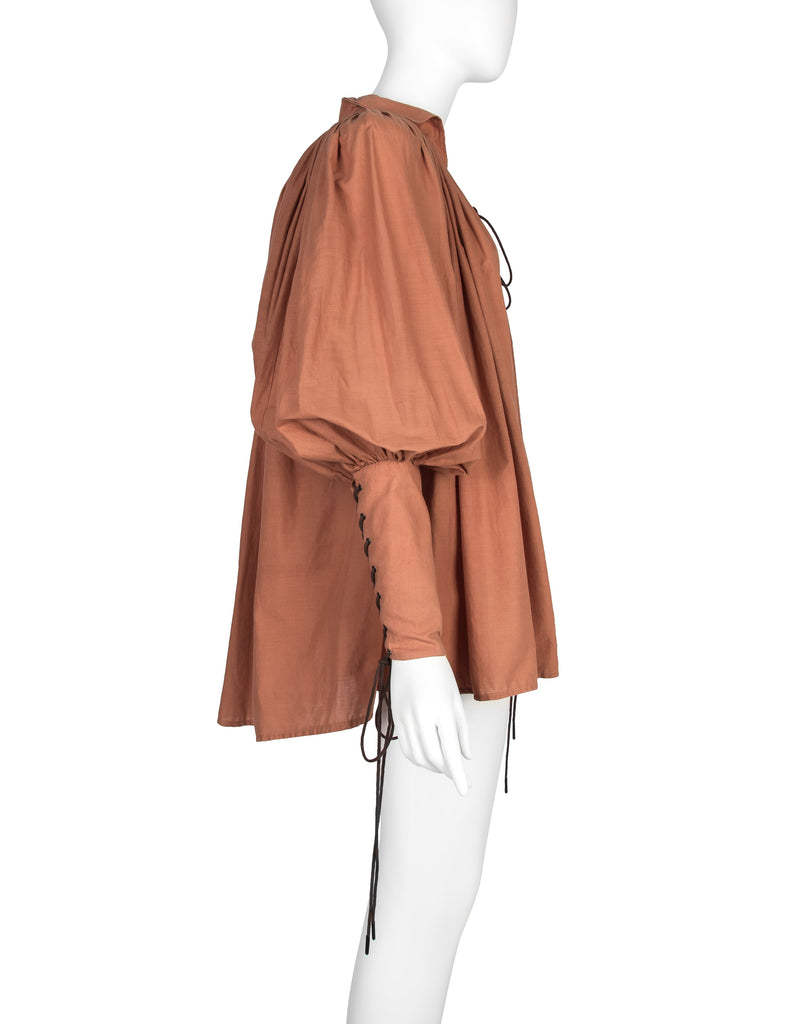 PX Helen Robinson Vintage Terracotta Cotton Lace Up Blouson Sleeve Poet Top