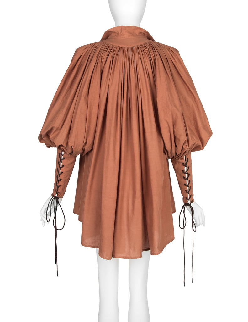 PX Helen Robinson Vintage Terracotta Cotton Lace Up Blouson Sleeve Poet Top