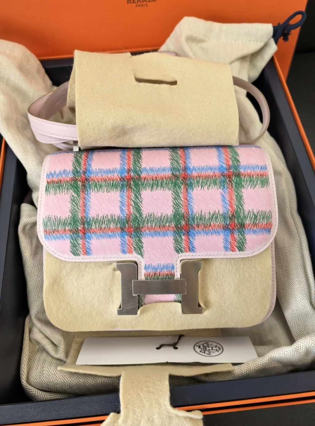 HERMÈS Constance Mini Tartan Pink Swift leather Palladium hardware