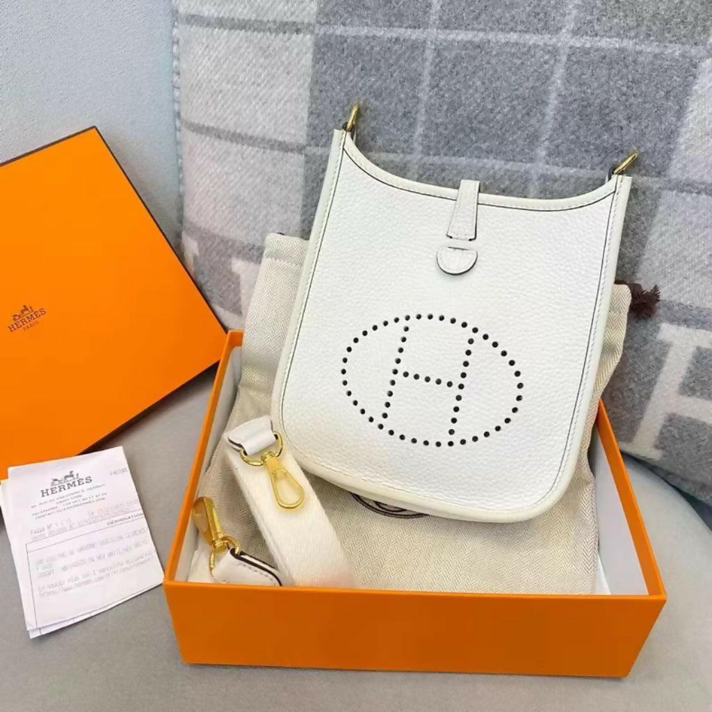 Hermès Mini Evelyne White Leather with Gold Hardware
