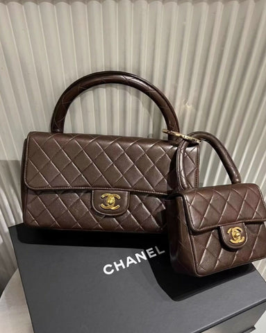 Vintage Chanel Kelly Mother and Daughter Flap Bag Set Brown Lambskin Gold Hardware