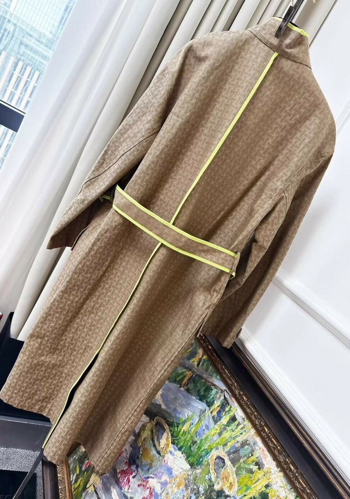 Hermes Khaki H pattern with fluorescent yellow long trench coat
